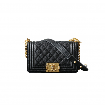 CHANEL MASTER SMALL BLACK CAVIAR LE BOY FLAP BAG WITH GOLD CHAIN A67085 (20.5*12*8.5cm)